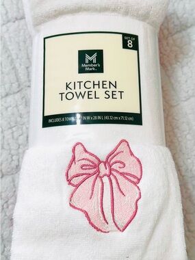 Member's Mark White Kitchen Towel Set with Pink Bow Embroidery